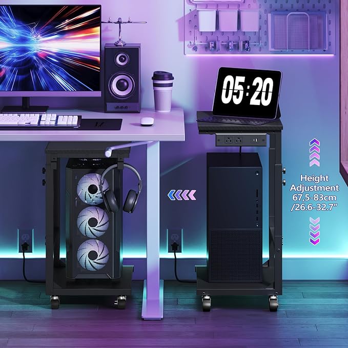 Computer Tower Stand with Power Outlet, Mobile PC Stand for Floor, Height Adjustable PC Holder Cart Under Desk, 26.6"-32.7" H, for Home Office, Gaming Room, Black PCHS216E01