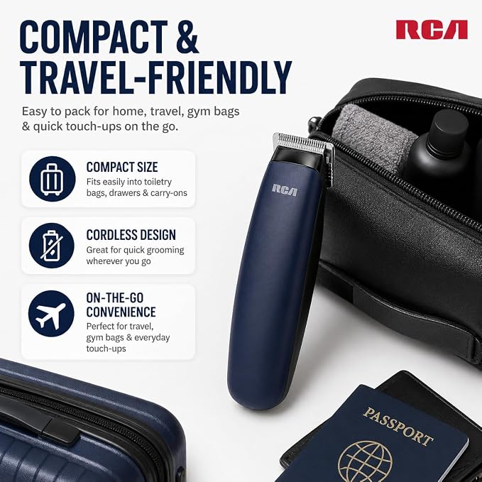 RCA Touch-Up Trimmer for Men, Cordless Travel Size Facial Hair Trimmer with Stainless Steel Blades, Lightweight Portable Beard Detailer for Mustache, Sideburns & Neckline