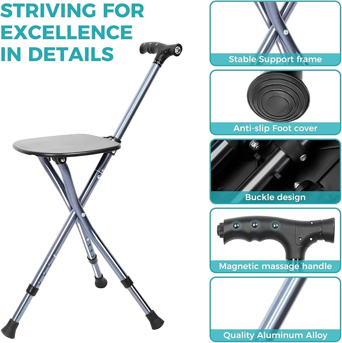 ENLUNTRA Portable Adjustable Folding Walking Cane with Seat ，Cane seat for Seniors with Magnetic Massage Handle, Supports up to 330 Pounds