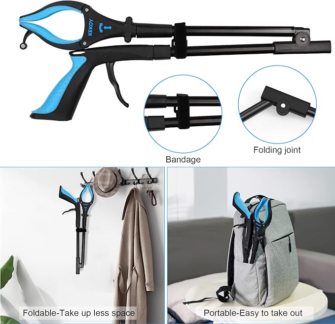 Kekoy 2-Pack Reacher Grabber Tool, 32" Grabbers for Elderly, Trash Picker Grabber with Light, Extended Claw Reacher Tool, Foldable Pick Up Grab Tool, Magnetic Sticks Grippers for Reaching (Blue)