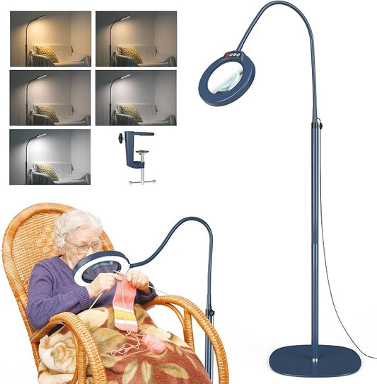 10X Magnifying Glass with Light and Stand, 24" Flexible Gooseneck Magnifying Floor Lamp, 3-in-1 LED 5 Color Modes Stepless Dimmable Lighted Magnifier Hands Free for Close Work, Reading - Blue
