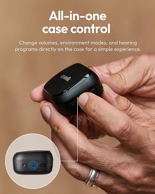 Nano Case Control OTC Hearing Aids Rechargeable, 3 Hearing Programs Feedback Cancellation Noise Reduction 54 Hours Battery Comfort-Fit ITC Design, Midnight Color