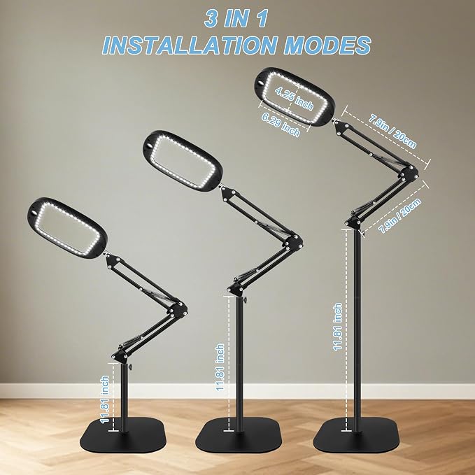 10X 30X Large Floor Magnifying Glass with Light and Stand,Heightened 3-in-1 Hands Free Magnifying Lamp for Close Work, Magnifiers for Reading Sewing, Crafts, Painting, Hobbies