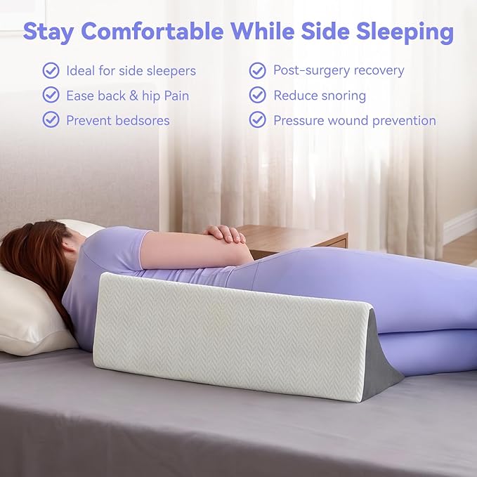 Vekkia Wedge Pillow for Side Sleeping, Ergonomic Back Support Pillow with High-Density Foam for Pregnancy Support, Back Pain, Preventing Bedsores, Surgery Recovery, Removable Cover, White/Gray