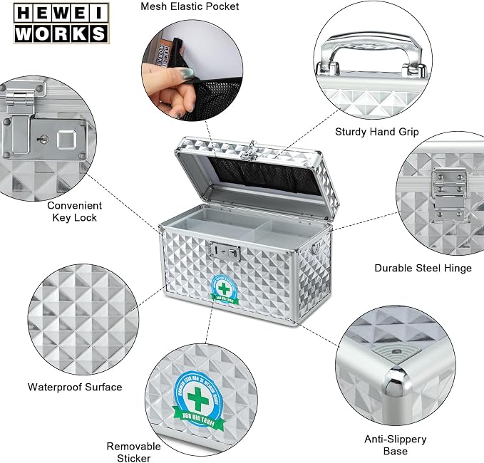 Storage Box with Key Lock, Lockable Medicine Storage Box, Empty First Aid Box, Security Lock Box, Multipurpose Locking Box for Home and Outdoor Use (Silver, Large)