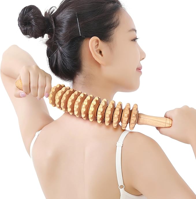Wood Massage Roller Muscle Roller Cellulite Massage Tool Fascia Blaster Lymphatic Drainage Massager Wood Therapy Massage Tools for Deep Tissue Muscle Relief Recovery(12-Wheel)