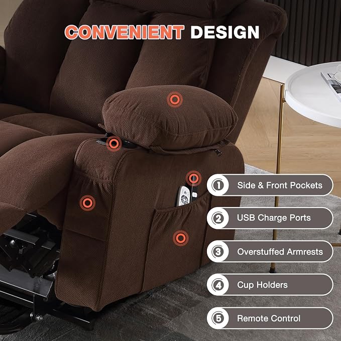 MAHOMICO Power Lift Recliner Chair for Elderly with Vibration Massage and Lumbar Heating,Electric Lift Recliner Single Sofa with Side Pocket,Two Cup Holders and USB Charge Port for Living Room