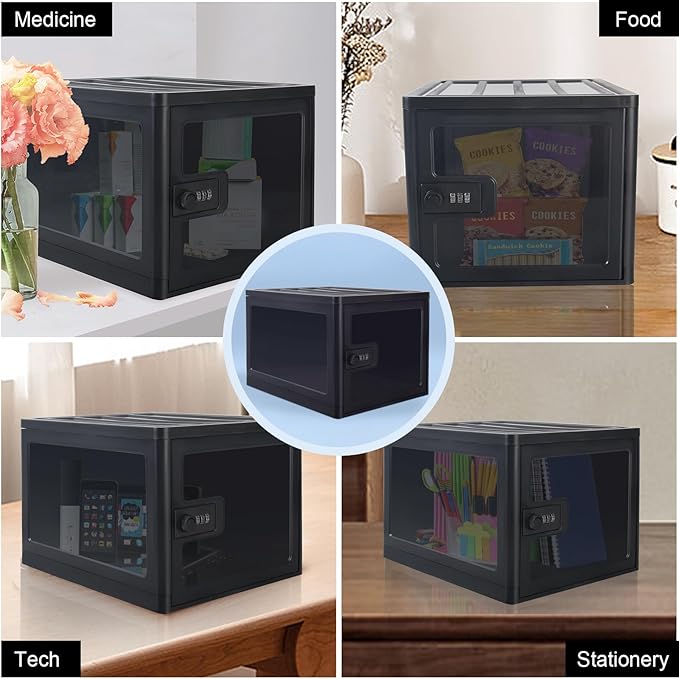 Large Lockable Clear Storage Box for Food, Tech and Home Safety, Medicine Lock Box for Safe Medication, Lockable Storage Bin, Refrigerator Storage Bins, Tablet Phone Jail (Black)