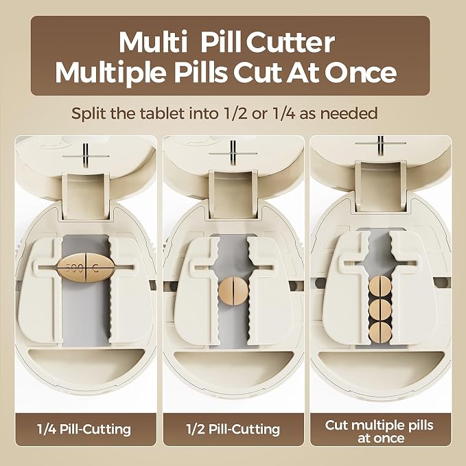 Adjustable Pill Cutter Splitter for Small and Tiny Pills, 1/2 1/4 Pill Splitter for Small Pills Vitamins Tablets, Accurate Alignment & Easy Cutting, Hidden Sharp Blade, Bottom Storage (Brown)