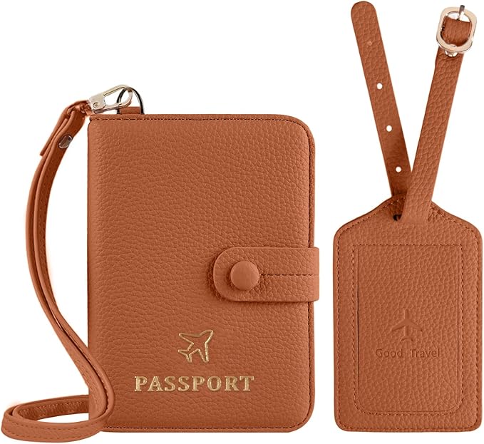 Passport Holder RFID Protected Wallet and Luggage Tag with Protection Cover Travel Accessories Leather Card Case Organizer for Women Men (Brown)