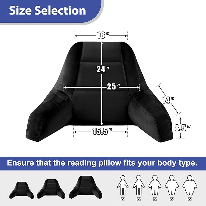 Reading Pillows for Sitting in Bed Adult, Back Pillow for Bed Sitting Up, Backrest Pillows with Shredded Foam for Adult&Teens, Support Pillow with Arms for Beds, Couch, Floor, 24in, Black