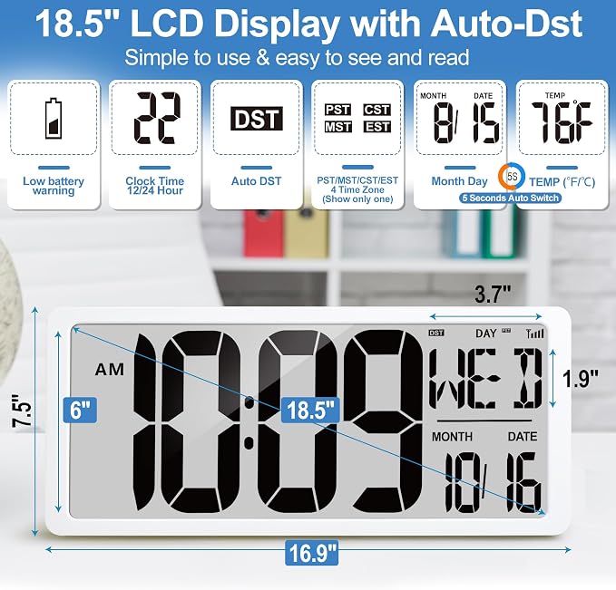 18.6" Extra Large Amotic Digital Wall Clock Battery Operated Alarm Clock with Day Date & Temperature Jumbo LCD Display Clock for Wall Bedroom Living Room Classroom Home Office