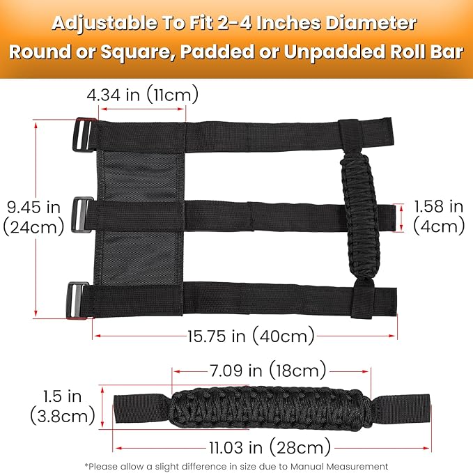 Roll Bar Grab Handles Grip Handle for Jeep Wrangler JK JKU JL JLU TJ YJ Sports Sahara Freedom Rubicon Unlimited Gladiator JT 1955-2023 UTV ATV Accessories Premium 550 Paracord (Black 2 Pack)