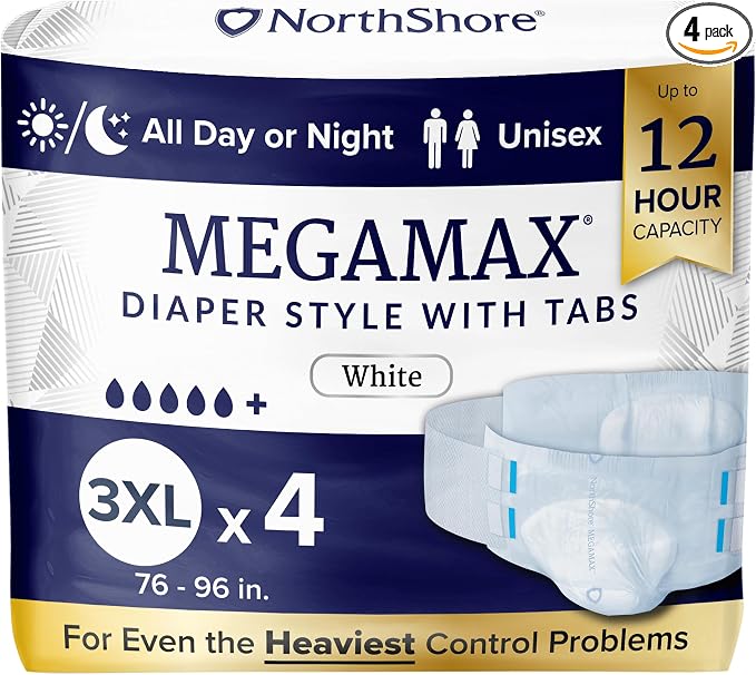 NorthShore MegaMax 12-Hour HBL Adult Diapers for Heavy Bladder Leaks, 3X-Large, 4 Count, White, 76-96 inches, Tab-Style Incontinence Underwear for Men, Women & Teens