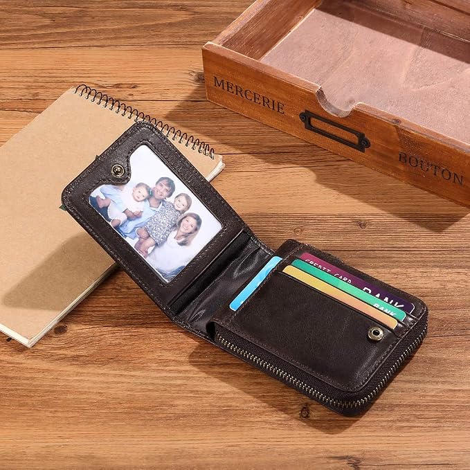 GOIACII Wallets for Men Genuine Leather Front Pocket Wallet RFID Zip Around Bifold Credit Card Holder | RFID