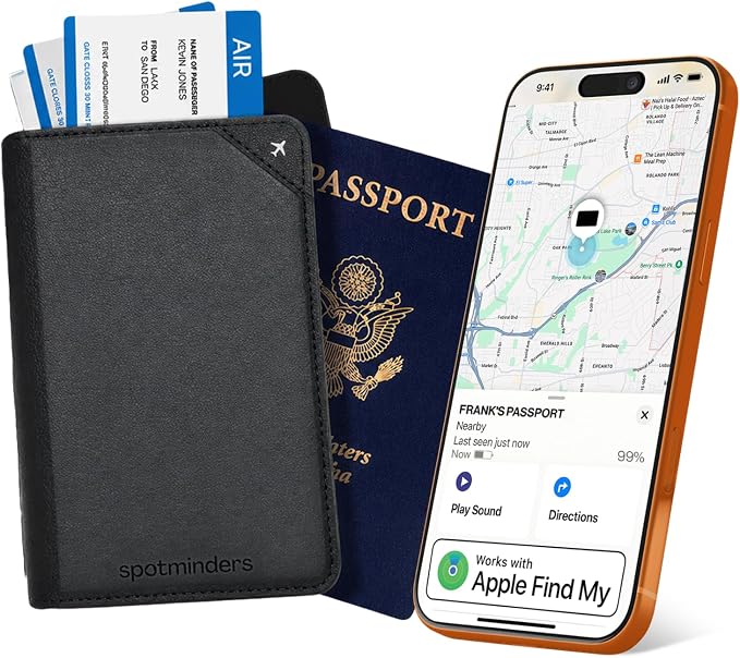 Apple MFi Certified Trackable Passport Holder for Travel (iOS Only) Works with Apple Find My, Rechargeable Passport Cover Air 3-Year Battery Life, Black RFID Blocking Travel Wallet Gift