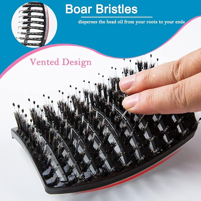 Boar Bristle Hair Brush Set - Dry/Wet Hair Brushes Detangler for Fine, Thick, Curly Hair - Curved and Vented Hair Brush for Women, Men or Kids