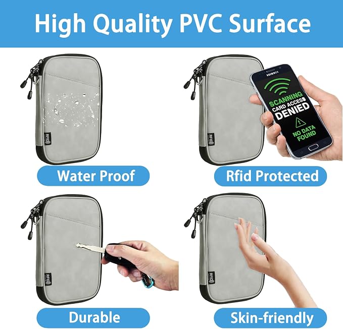 Lagre family passport holder for 4 multiple passport bag for travel passport cover rfid blocking for women waterproof wallet with zipper airtag passport case for men (pattern gray)