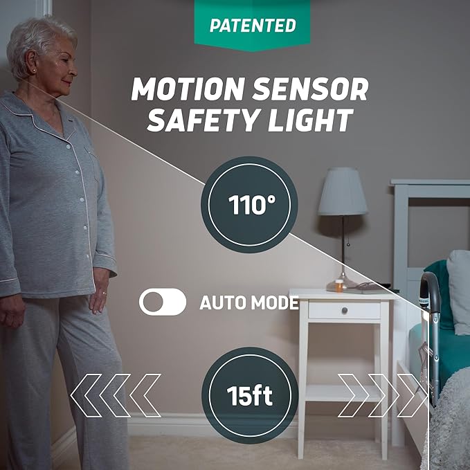 Lunderg Large Bed Assist Rail for Seniors with Motion Light & Non-Slip Bar | Easy to Install Bed Rails for Elderly Adults Safety & Post-Surgery - Helps Reduce Falls & Support Independence