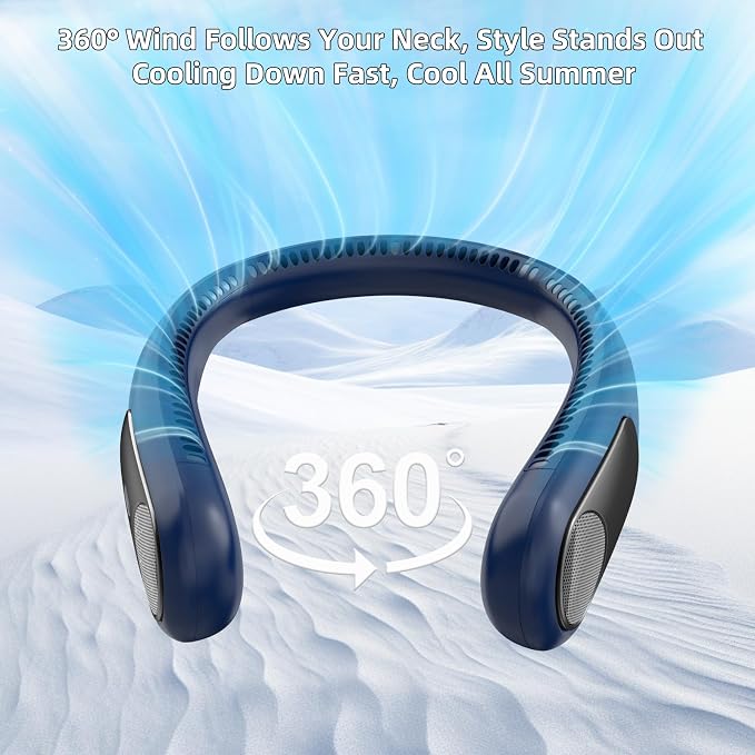 Portable Neck Fan, Personal Wearable Bladeless Fan for Outdoor Indoor, LED Display, 360° Cooling, 4-Speeds, 6000mAh USB Rechargeable, Birthday Gifts for Men Women Dad Mom (Blue)