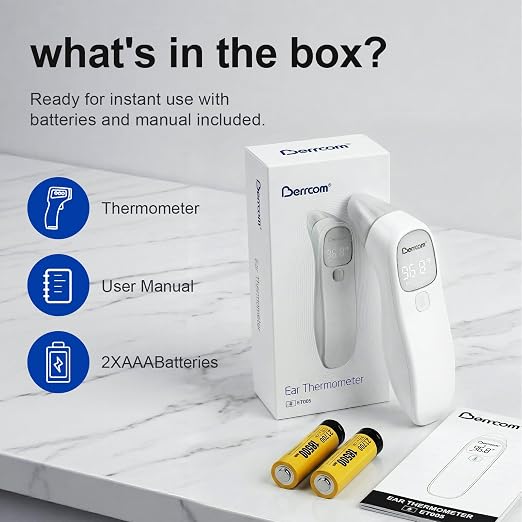 Berrcom 2-in-1 Infrared Forehead Ear Thermometer Medical All Ages | 1s fast reading digital thermometer with LED display & auto shut off, magnetic probe design for forehead and ear use