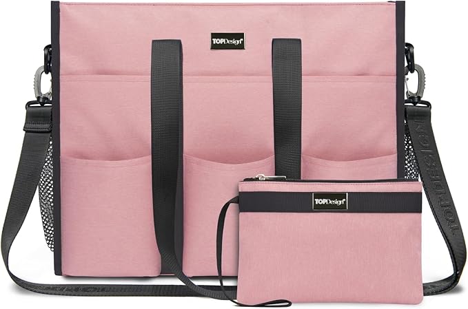 TOPDesign Utility Water Resistant Tote Bag with 22 Pockets, Top Zipper Closure & Thick Bottom Support, for Working Women