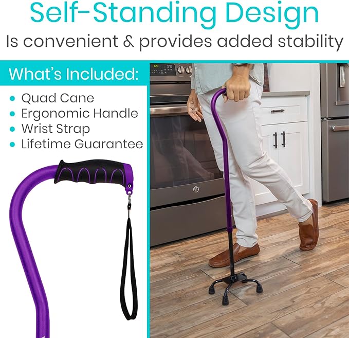 Vive Quad Cane - Walking Stick for Men and Women - Lightweight Adjustable Staff - Comfortable Right and Left Hand Grip for Stability Support - Four Prong Sturdy Aluminum Travel Aid - 4 Tip