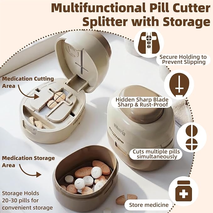 Pill Cutter Splitter with Storage Box, Adjustable Vertical Press Pill Splitter for Small/Tiny Pills Vitamins Tablets, 1/2 & 1/4 Precise Cutting, Hidden Sharp Blade, Multi-Pill Cutting Design
