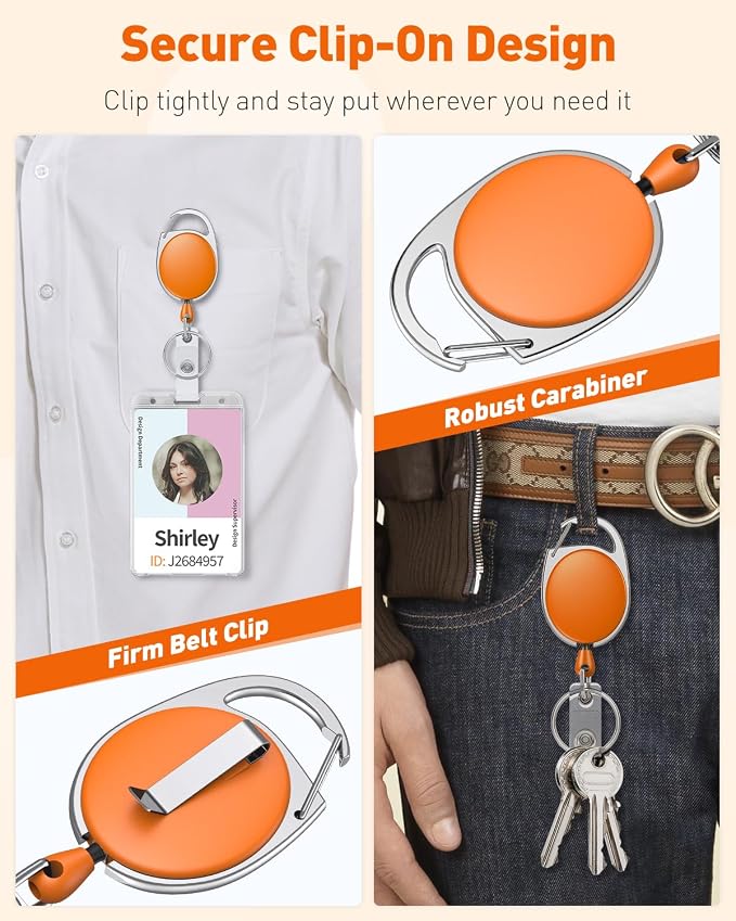 Uniclife 2 Pack Retractable Keychain, Retractable Badge Reel, Heavy Duty Badge Holder Clip for Keys and ID Card, Key Chain Extender with Carabiner Belt Clip and Key Ring, Orange