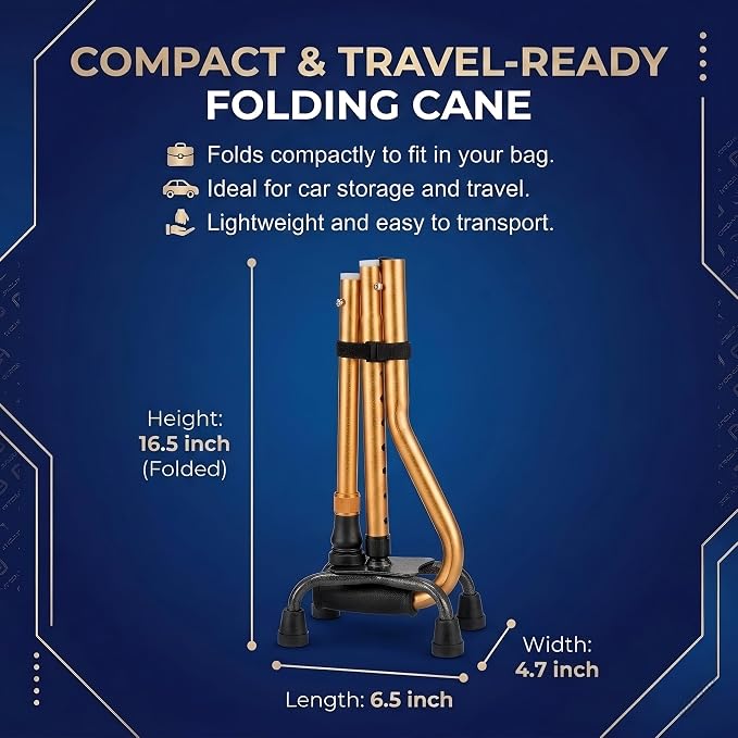 PARLORA Walking Cane 4 Prong for Stability - 3-in-1 Foldable Heavy Duty Cane with Interchangeable Quad & Single Bases, 8 Adjustable Heights, Offset Handle & Wrist Strap for Women, Men & Seniors