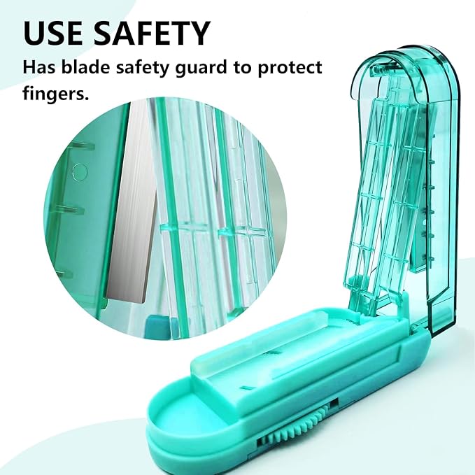 Johnbee Pill Cutter Splitter for Small and Tiny Pills. Adjustable Pill Splitter Accurately Cuts Multiple Pills at Once. Sharp Blade with Safety Guard. Non-Slip Silicone Edge (Lake Blue)