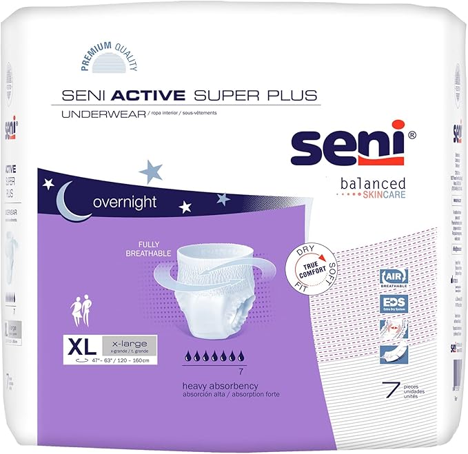 Seni Active Super Plus Unisex Adult Incontinence Underwear, Heavy Absorbency, Pull On Disposable Overnight Underwear for Men & Women (X-Large, 7, Count)
