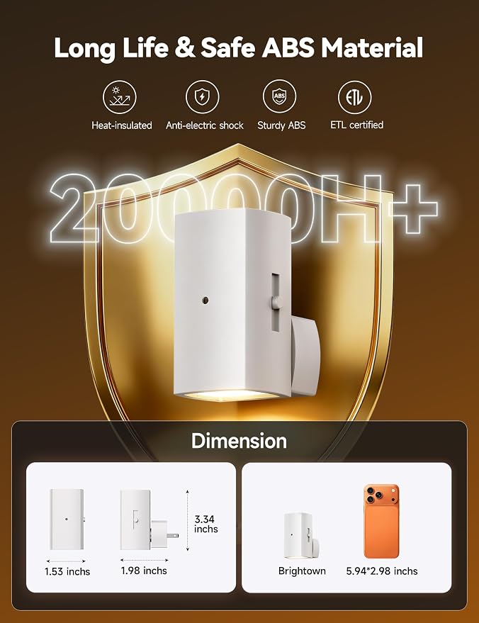Brightown 2 Pack White Night Lights with Rotating Plug, Pure White | Modern Night Light with Rotating Plug, Dusk to Dawn Sensor, 0-100LM Stepless Dimming Night Light for Hallway Bedroom Bathroom