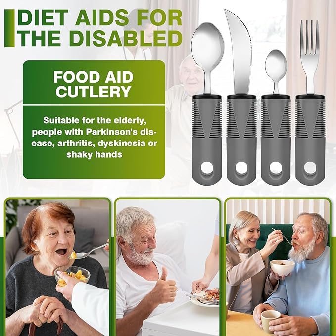 Adaptive Utensils 4 Piece Set Weighted Utensils for Hand Tremors Easy Grip Parkinsons Utensils Extra Wide Handles Built up Utensils for Adults with Knife Fork Spoon for Disabled Arthritis People（Grey）