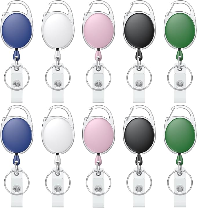 Uniclife 10 Pack Retractable Badge Reel for Badge Holder Heavy Duty Retractable Keychain Strong Colorful ABS Casing with Stainless Steel Spring Coil 24 inch Nylon Rope Carabiner and Key Ring, 5 Colors