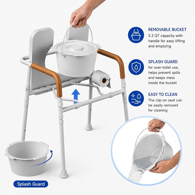 3-in-1 Bedside Commode for Seniors | 350lbs Reinforced Iron, Padded Seat & Arms, Height Adjustable Toilet Rails, Raised Toilet Seat with Bucket & Splash Guard