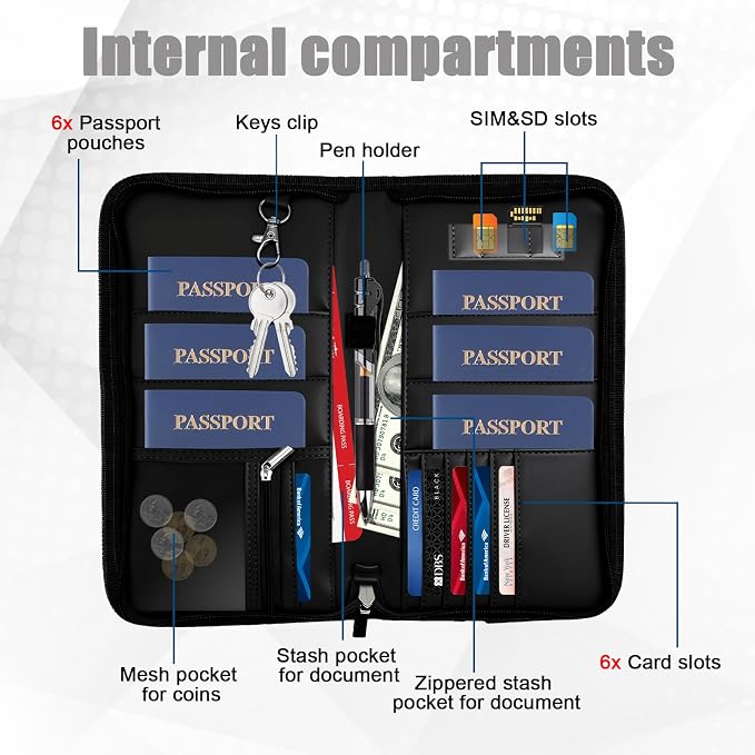 GOAUS Passport Holder for Travel with AirTag Slot, for Family of 4 to 6 | Multiple, Travel Document Organizer, Cards Cash Pockets, RFID Blocking, Waterproof, Gifts, Faux Leather, AirTag Not Included
