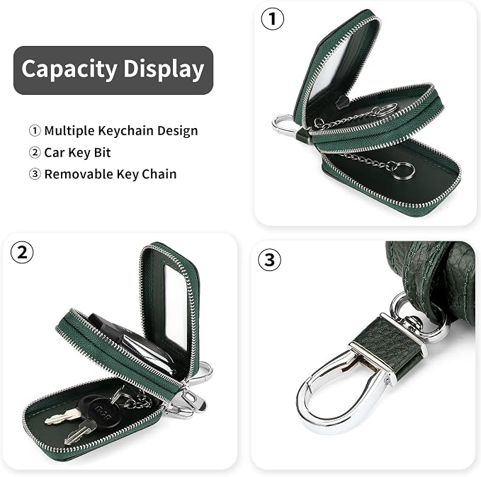 SENDEFN Car Key Fob Case Double Zipper Leather Smart Remote Keychain Protector Holder with Transparent Window
