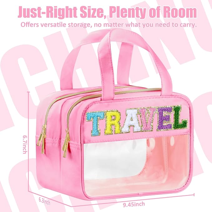 BuyCard Chenille Letter Clear Travel Bags, Makeup Bag for Travel, Preppy Patch Nylon Cosmetic Bag with Handles and Zipper, Waterproof Large Clear Travel Toiletry Bag Storage Bag for Women Pink