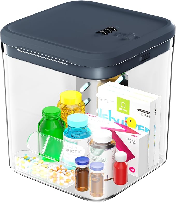 Medicine Lock Box for Safe Medication, Clear Lockable Storage Box for Snacks Food, Phone Lock Boxes with Combination Code for Home/Dorms/Office Storage Lockers (Grey)