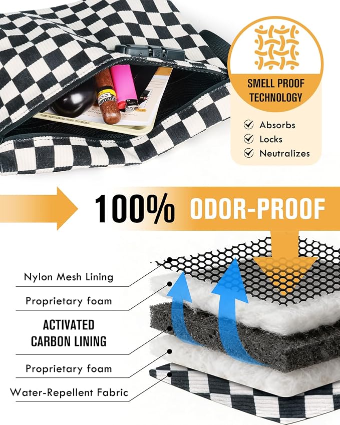Smell Proof Bag, Odor Proof Bag with Combination Lock, Durable Smell Proof Container with Carbon Lining, Secure Odorless Travel Pouch for Home & On-the-Go (Black & White)