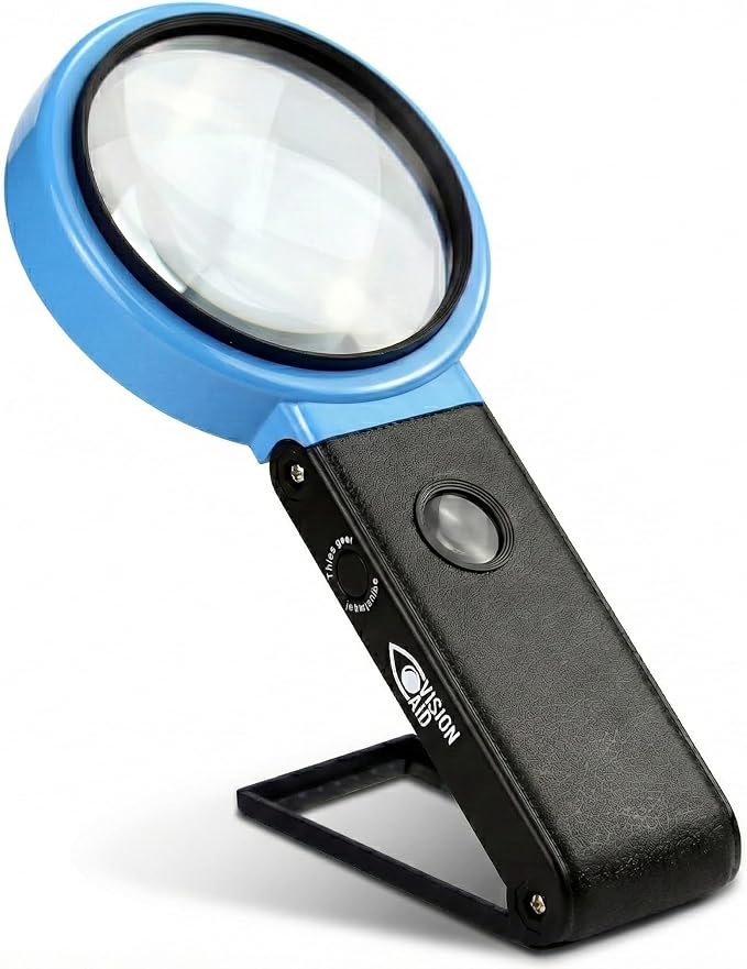 VisionAid Hands-Free Magnifying Glass with Stand, LED Lights, Loupe Handheld Illuminated Magnifier for Low Vision Seniors Coins Reading Jewelry