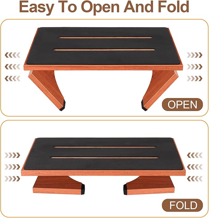 Step Stool Foldable, Wooden Step Stool with Non-Slip Rubber Stepping Platform, Folding Step Stools for Adults Seniors in Bedroom, Kitchen Bathroom, RV, Bed Steps for High Beds, No Assemble (Brown)