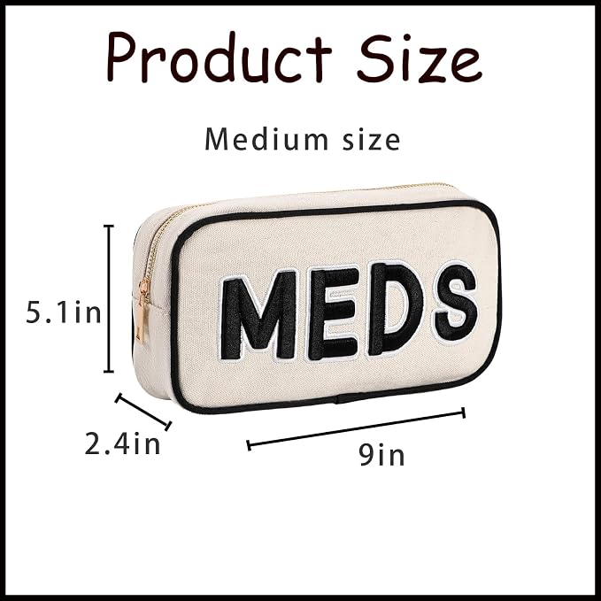 uekeboag Canvas Chenille Letter Medicine Makeup Bag, Small Travel Washable Organizer Bag for Purse with Zipper, Cute Personalized Preppy Drug Pouch For Women and Girls(02Black-Meds)