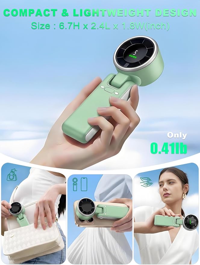 Portable Handheld Turbo Fan, 5 Gear Wind, Battery Operated, Up to 13 Working Hours Rechargeable Fan, 3 IN 1 Hand Fans with Air Turbo Tech Cooling Fan for for Travel, Beach, Outdoor - Green