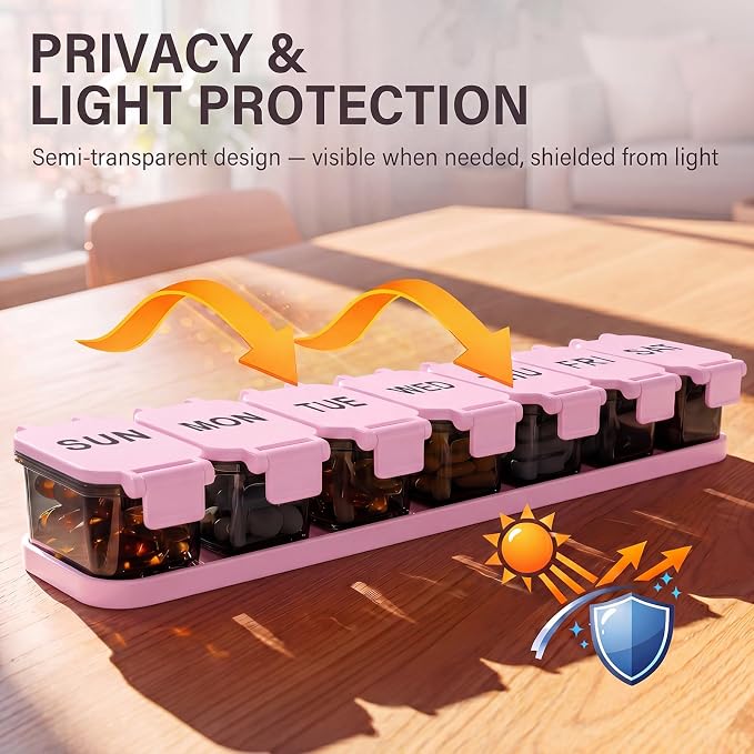 Yaklim Extra Large Weekly Pill Organizer - Waterproof 7-Day Pill Box, Portable Vitamin & Supplement Case, Easy to Open Design, Ideal for Travel and Daily Medication Management (Blackpink)