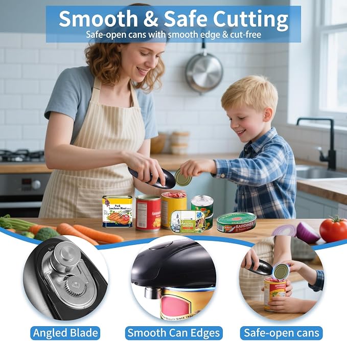 Can Opener Electric, USB-C Rechargeable One-Touch for Seniors (Black) | Smooth Edge Cutting, Angled Blade, Food-Safe, Hands Free, Magnetic Lid Catch, ABS Body, Portable for Camping