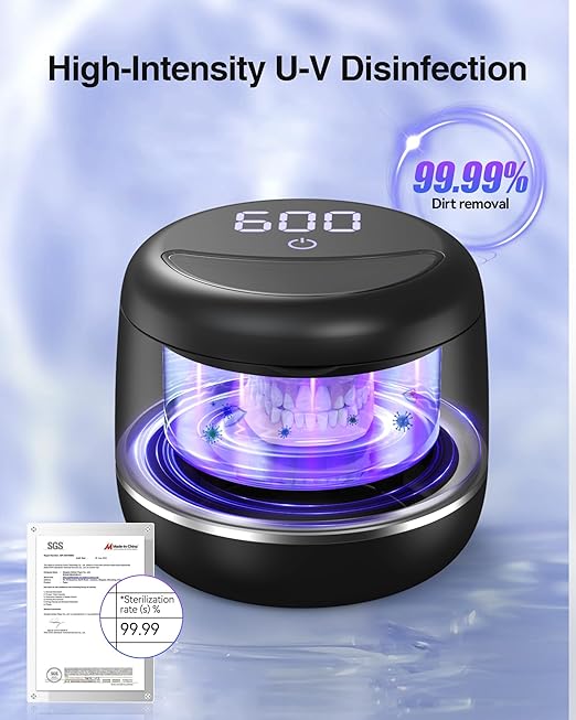 Ultrasonic Retainer Cleaner, 48kHz Denture Cleaner Machine with Dual Mode Digital Timer for Braces, Night Guard, Mouthguard, Toothbrush, Jewelry, 7.8OZ Dental Cleaning Pod