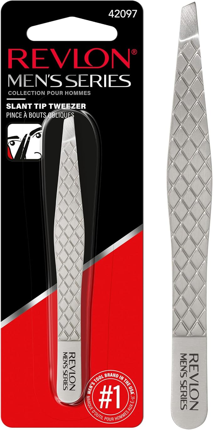 Revlon Slanted Tip Tweezers for Men, Ultra-Sharp for Precision Eyebrow Shaping and Facial Hair Removal, Larger Non-Slip Grip, Stainless Steel, 1 count