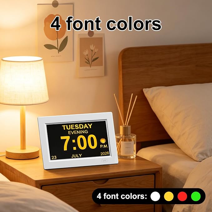 8Inch White Digital Dementia Clock, Large Display Calendar Clock, 15 Medication Reminders, Auto DST, Auto Brightness Adjustment, Equipped with Remote Control